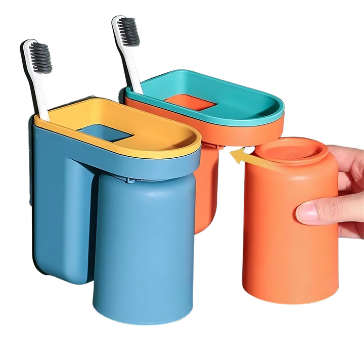 BowLift | Toothbrush Holder with Cup | Wall-Mounted | Self-Adhesive | ABS Plastic | 11.5×7×12.5cm