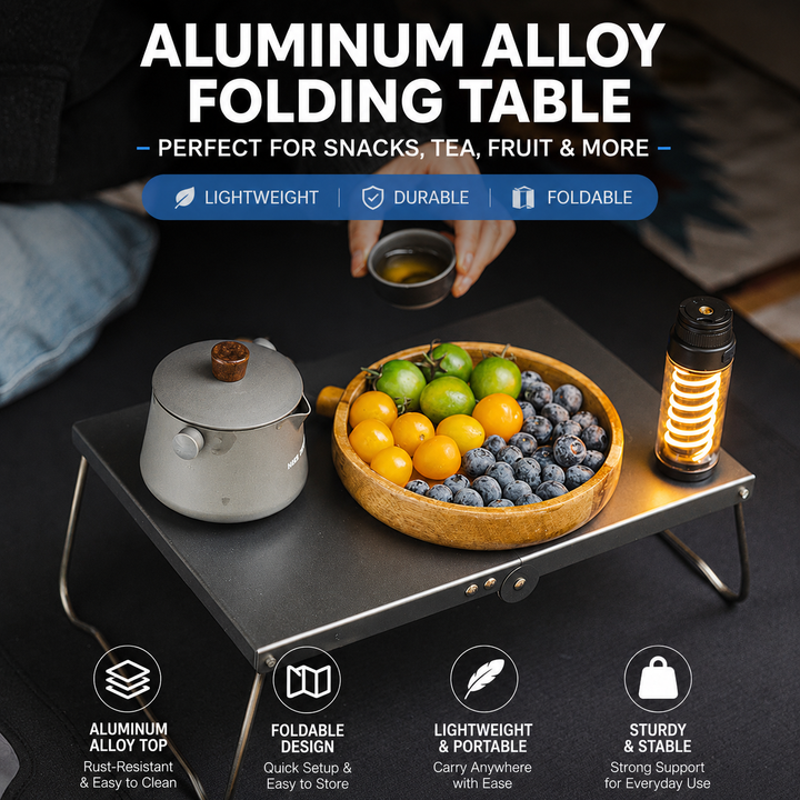 Portable folding aluminum camping table with low-profile collapsible legs Bowlift