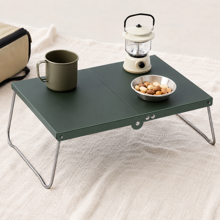 Portable folding aluminum camping table with low-profile collapsible legs Bowlift