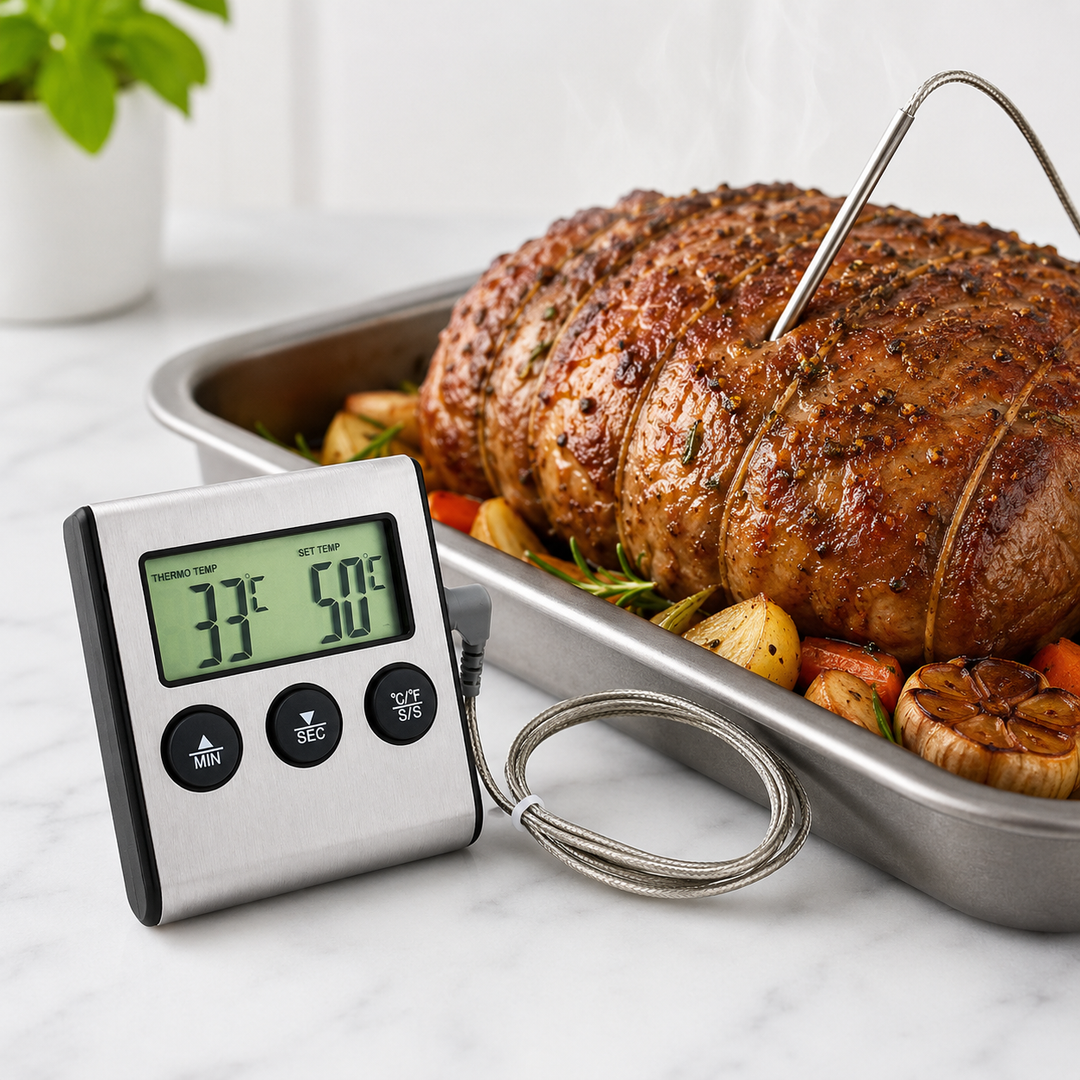 Precision probe cooking thermometer with dual display and countdown timer Bowlift