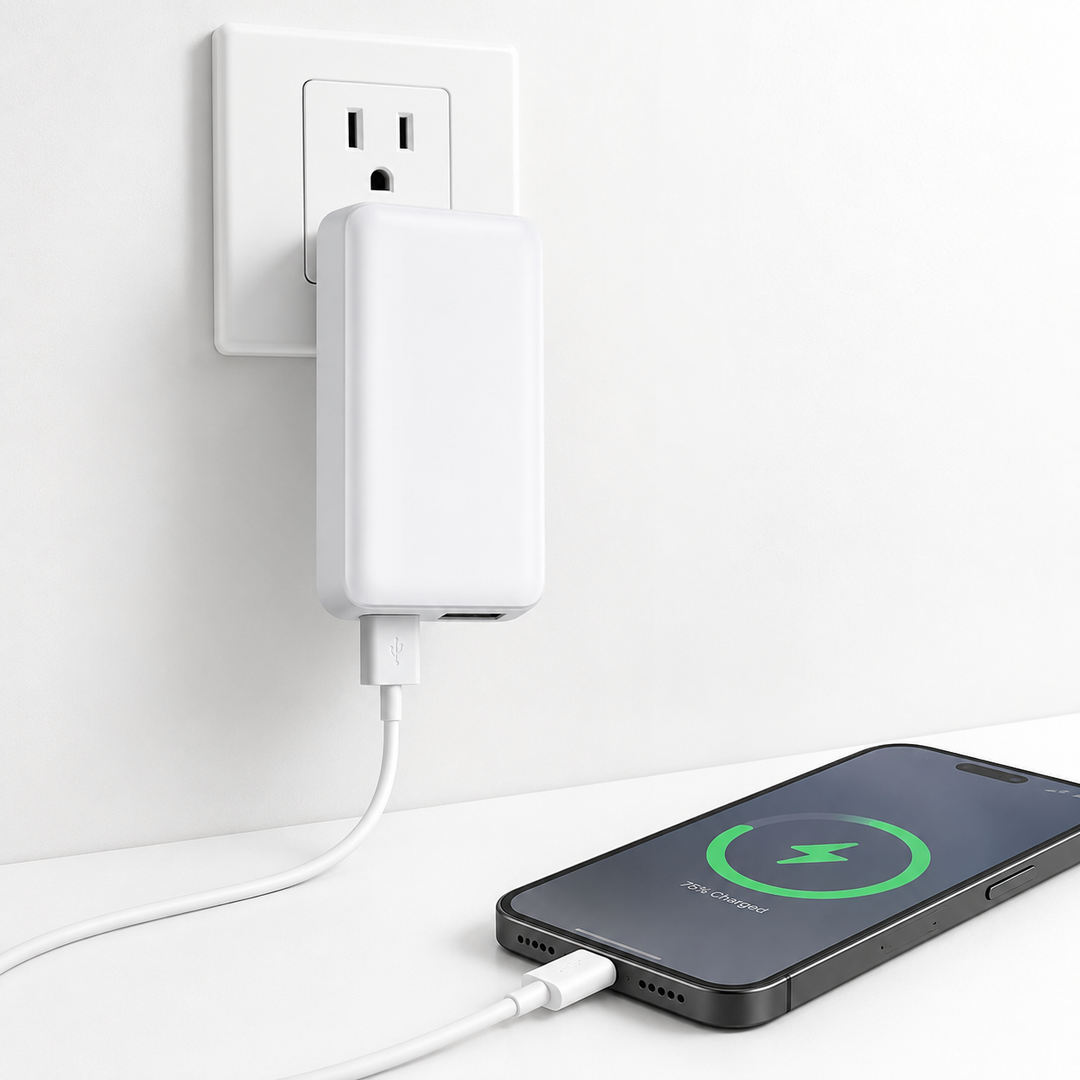 Compact dual-port USB wall charger with foldable plug Bowlift
