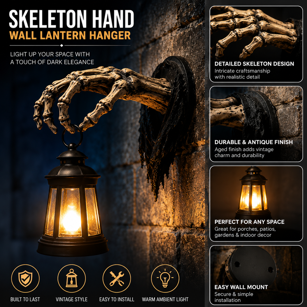 Wall-mounted skeleton hand lantern holder and spooky decor Bowlift