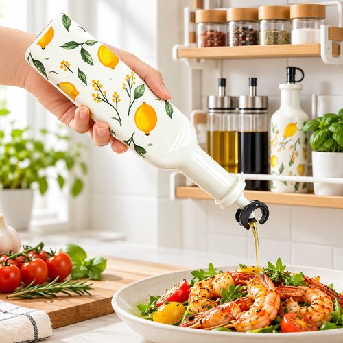 Hand-Painted Lemon Ceramic Oil Dispenser Bottle with Anti-Drip Pourer Bowlift