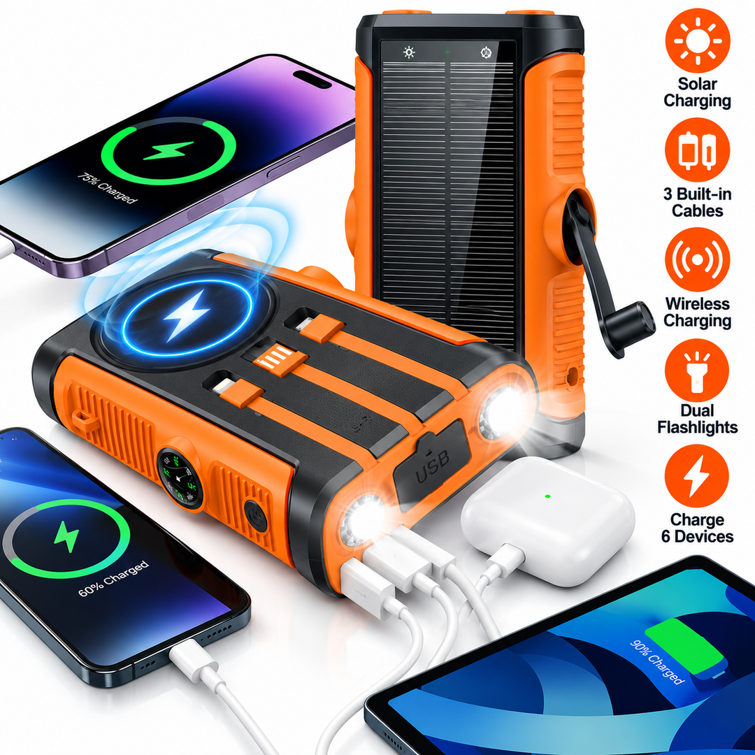Rugged Solar Power Bank with Built-in Triple Charging Cables Bowlift