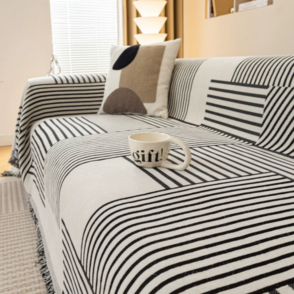 Striped Chenille Sofa Cover with Tassels and Non-Slip Fit