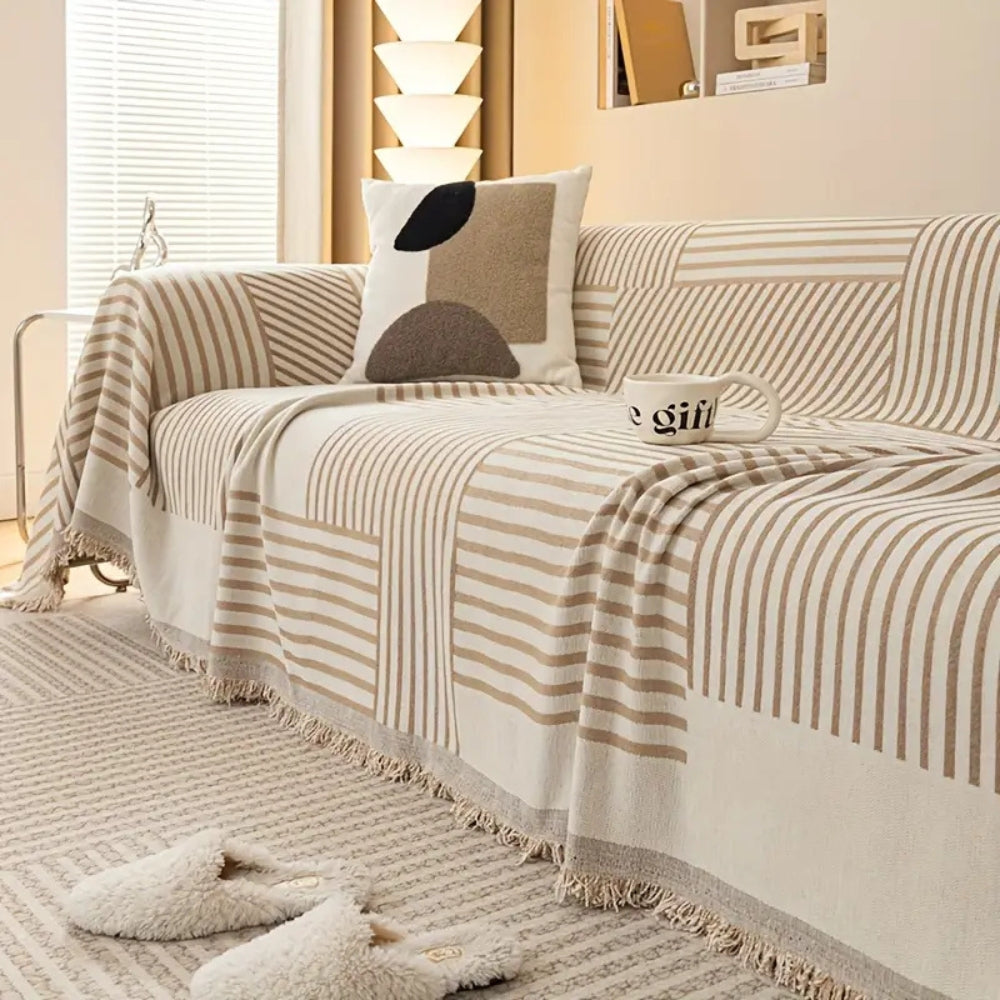 Striped Chenille Sofa Cover with Tassels and Non-Slip Fit