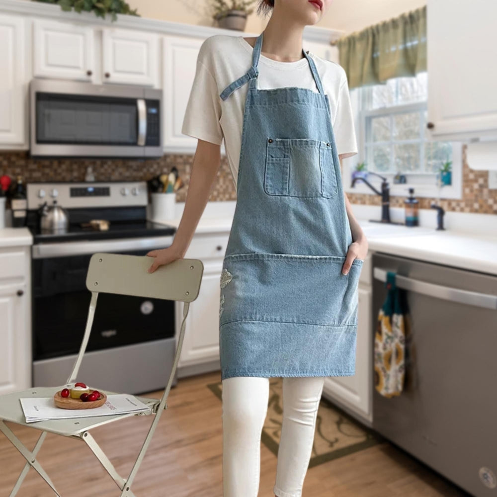BowLift | Classic Blue Denim Apron with Front Pocket for Kitchen & Gardening