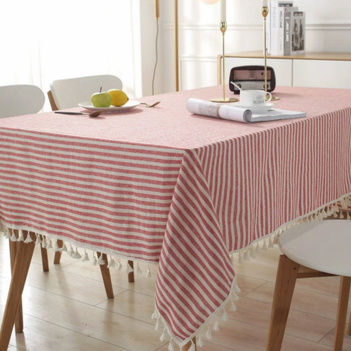 Striped Tassel Tablecloth, Microfiber Blend with Multiple Sizes