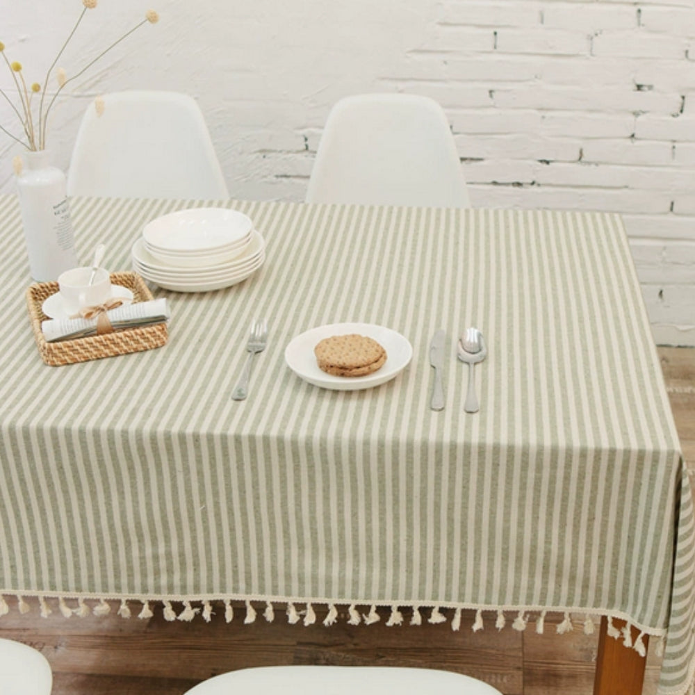 Striped Tassel Tablecloth, Microfiber Blend with Multiple Sizes