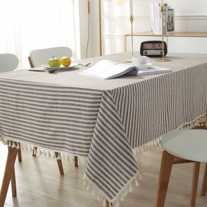 Striped Tassel Tablecloth, Microfiber Blend with Multiple Sizes