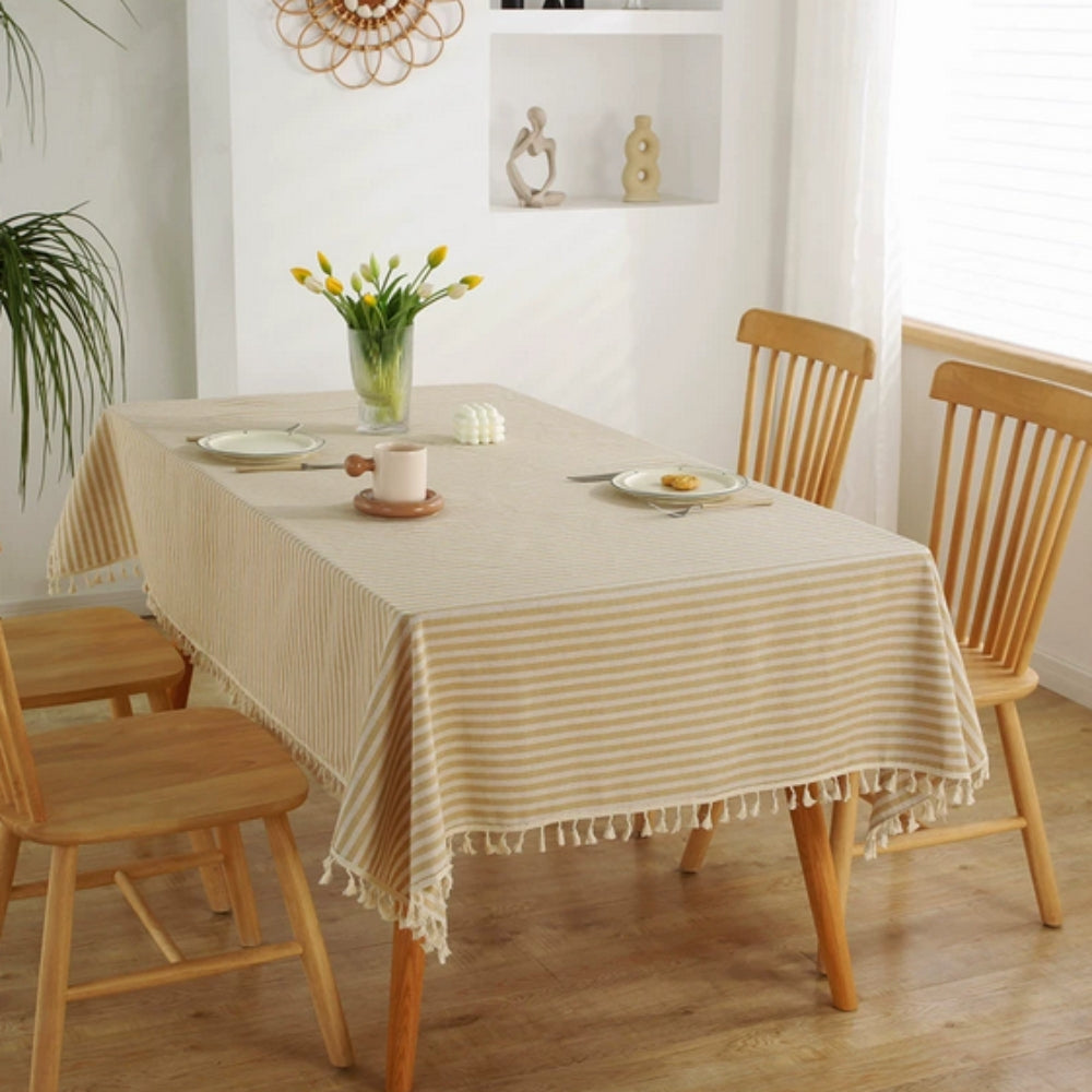 Striped Tassel Tablecloth, Microfiber Blend with Multiple Sizes