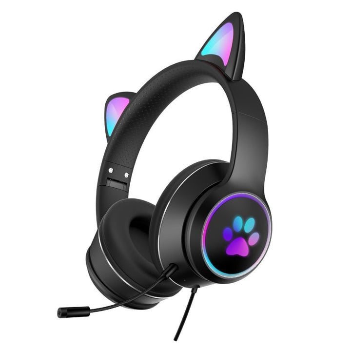 BowLift | AKZ-022 USB + 3.5mm Port Cat Ear Design Foldable LED Headset with Microphone (Black)