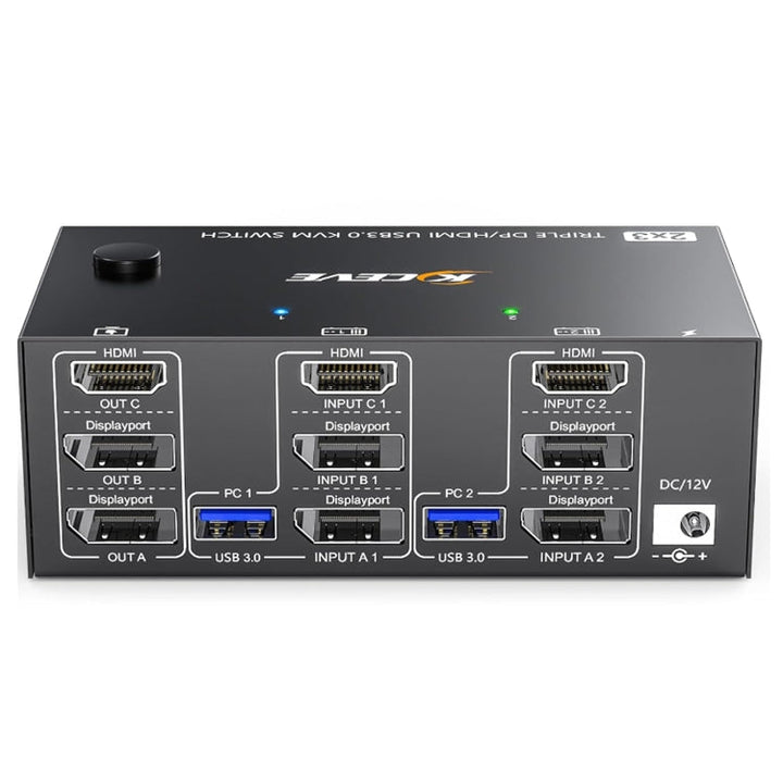 BowLift | KC-KVM203DH 8K 30Hz USB3.0 DP+DP+HDMI Triple Monitors KVM Switch, EU Plug
