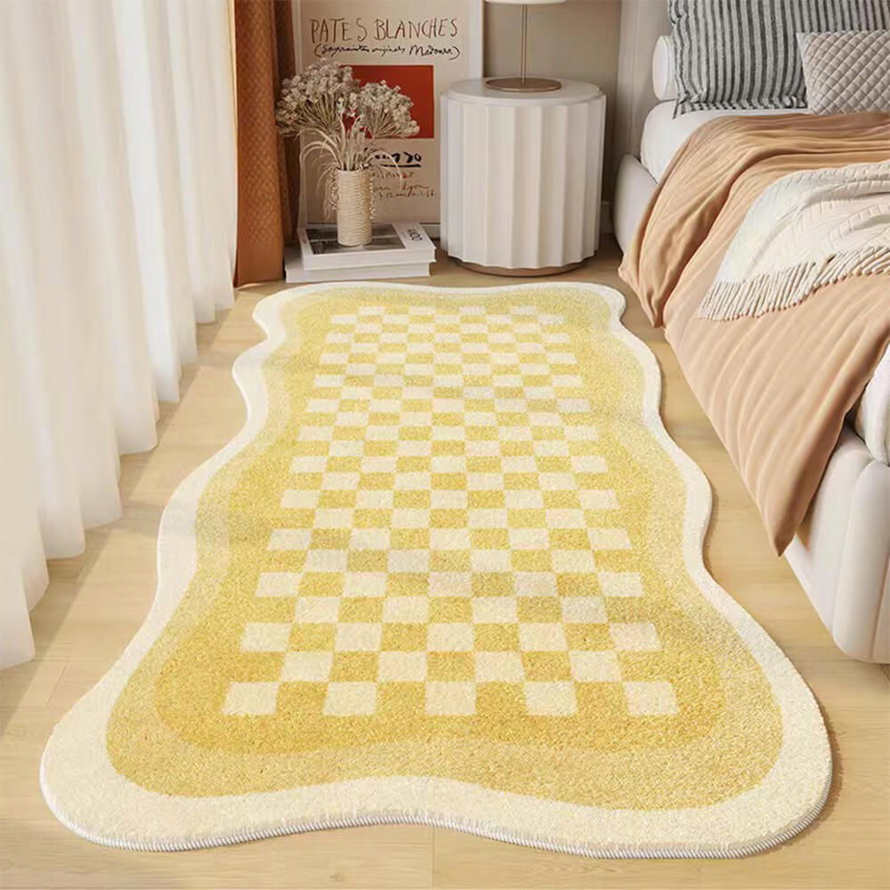 BowLift | Faux Cashmere Checkered Cozy Nightstand Rug Irregular Shape Rug