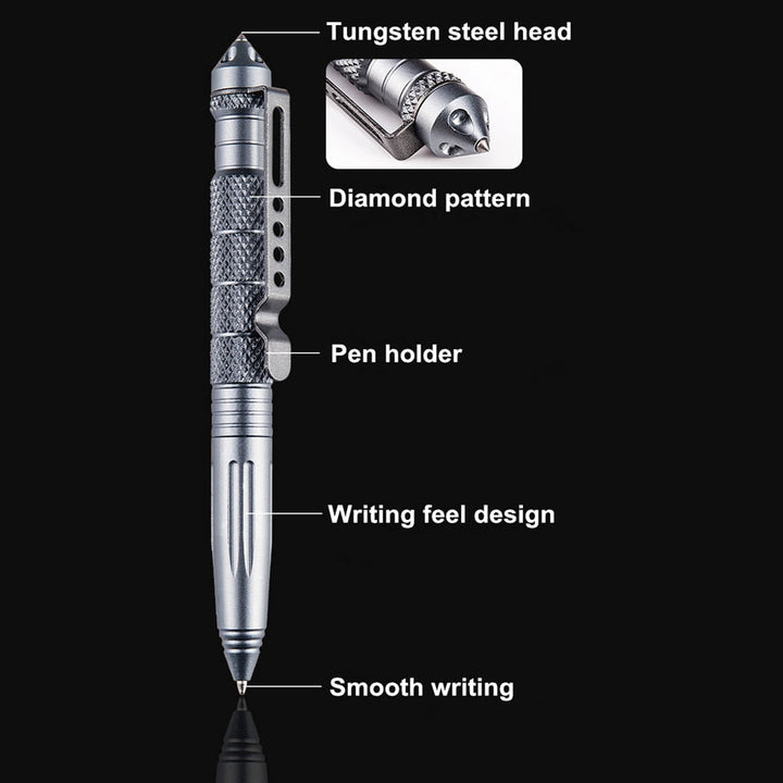Tactical Survival Pen with Glass-Breaker Tip and Stainless Steel Handle