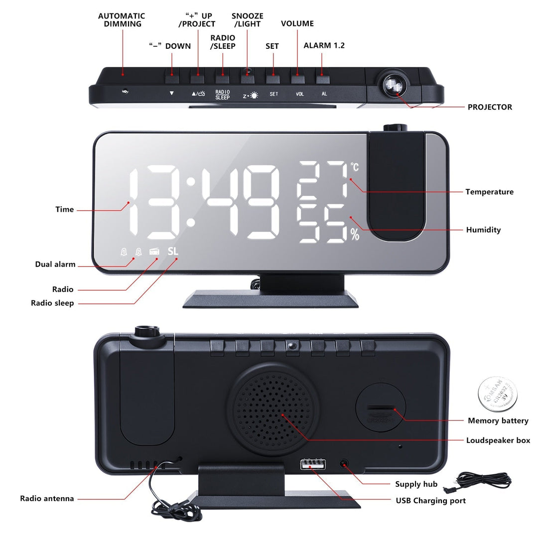 Innovative LED Projector Alarm Clock with USB Bowlift