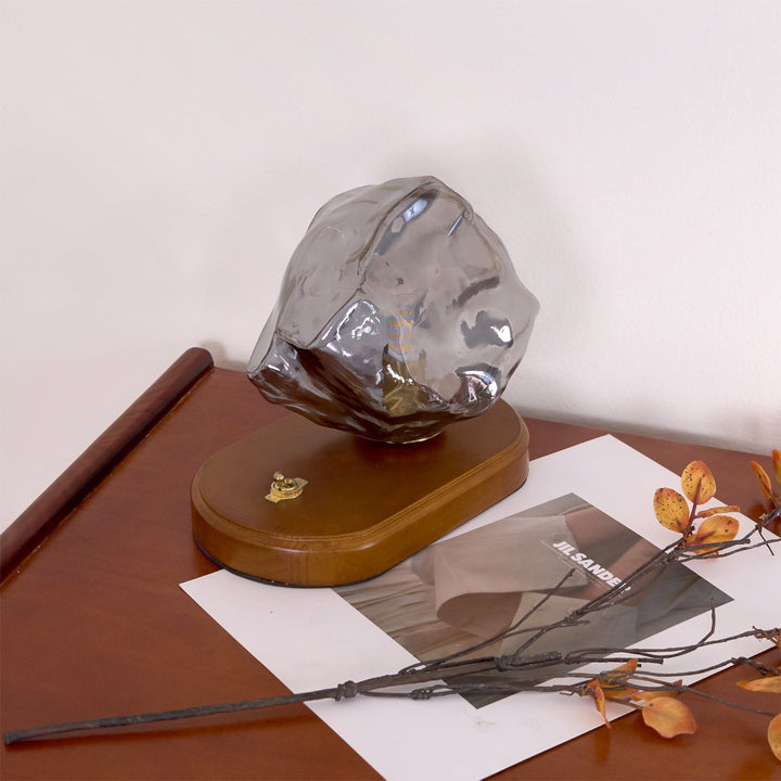 BowLift | RusticLume – Amber Glass and Wooden Table Lamp