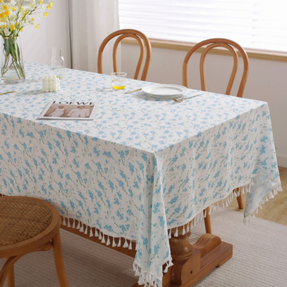 Cotton Tablecloth with Floral Pattern and Tassel Trim