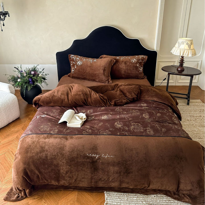 Reversible Cotton Sateen Duvet Cover Set with Embroidered Script & Floral Center Panel