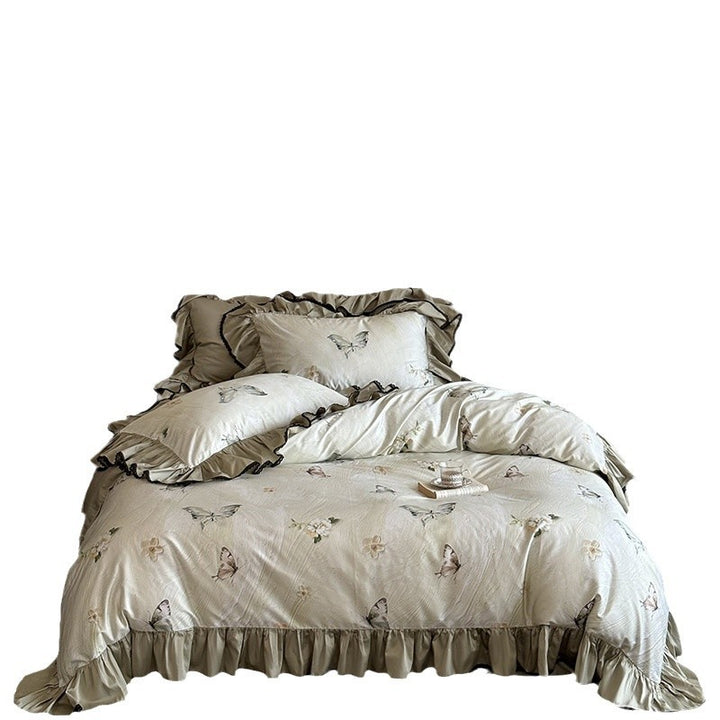 Luxurious satin bedding set with butterfly print and ruffles