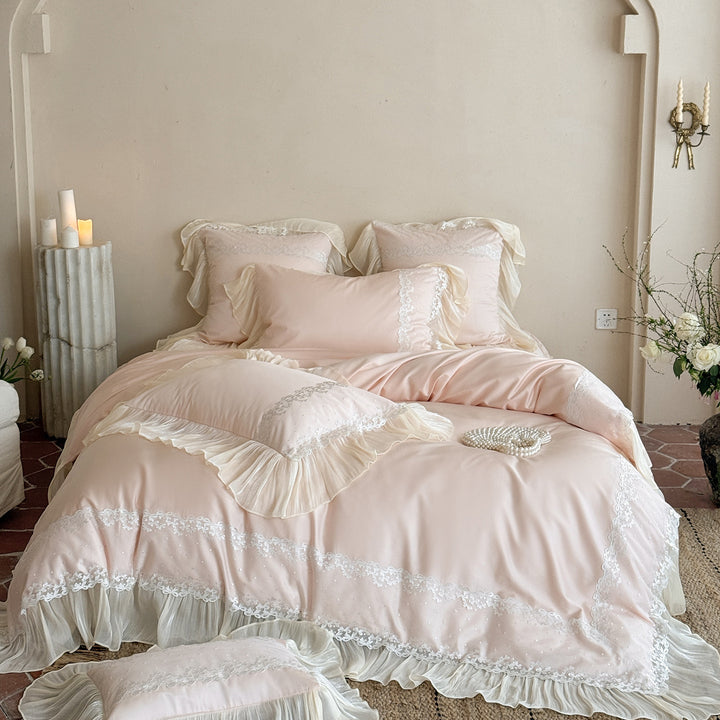 Floral Embroidered Ruffled Satin-Trim Duvet Cover Set