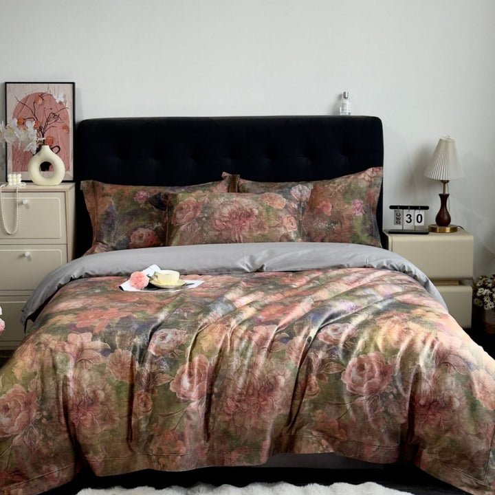 Satin bedding set with delicate floral and butterfly print and reversible function