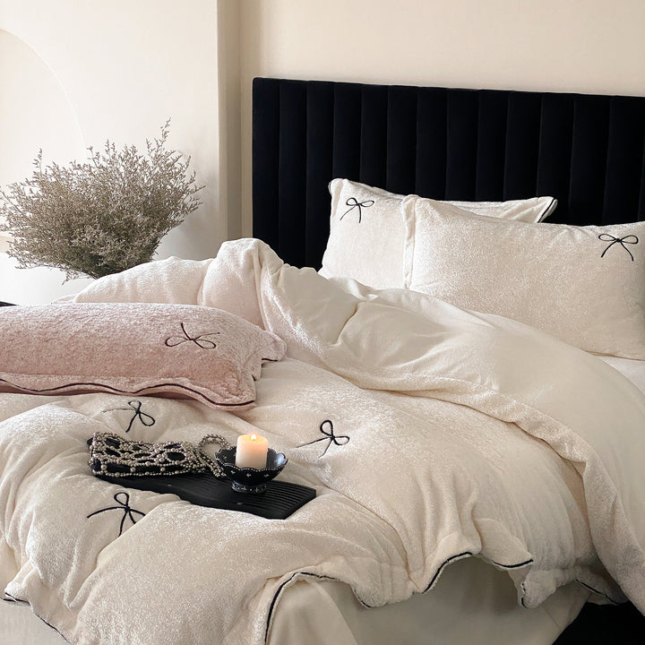 Plush Embroidered Bow Textured Duvet Cover Set with Piped Pillow Shams