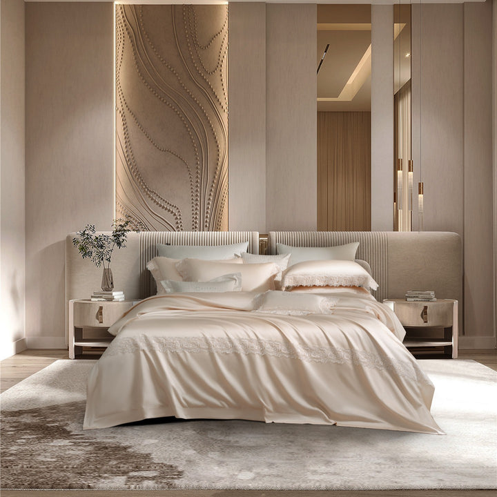 Satin-Sheen Lace-Trim Luxury Duvet Cover Bedding Set