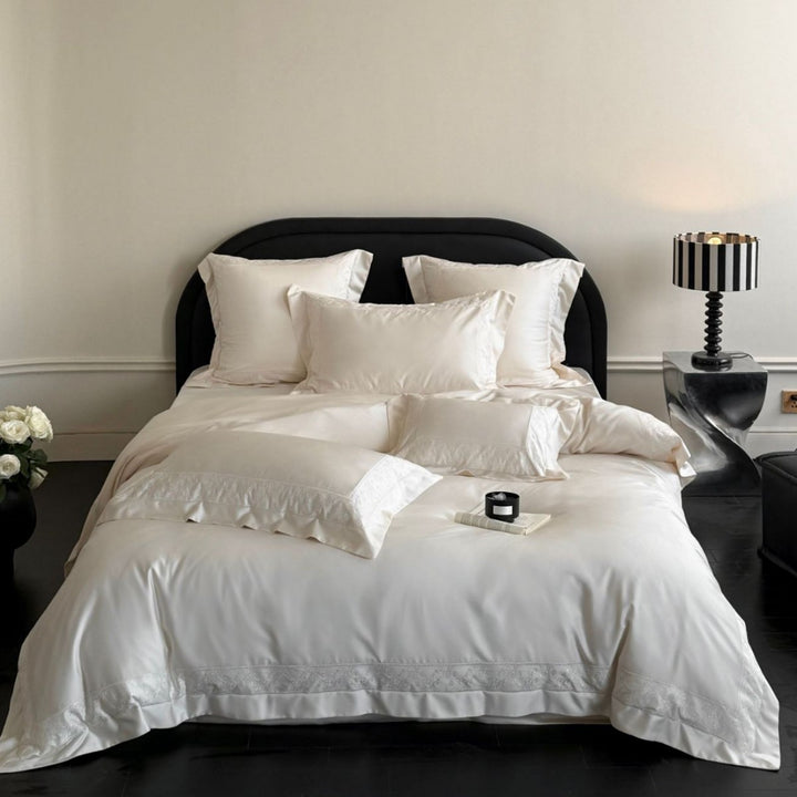 Elegant cotton satin bedding set with delicate lace trim