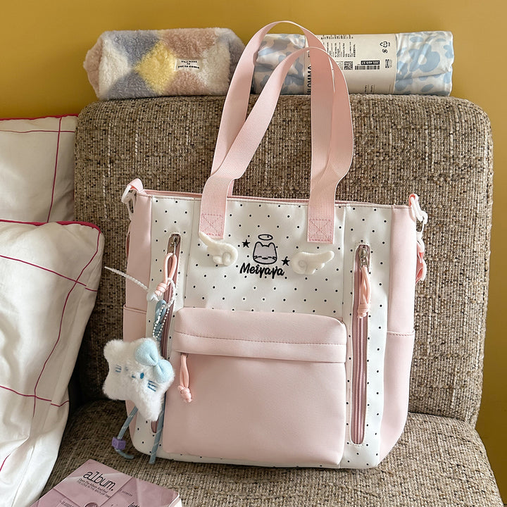 Stylish Dot-Printed Backpack with Decorative Accents Bowlift