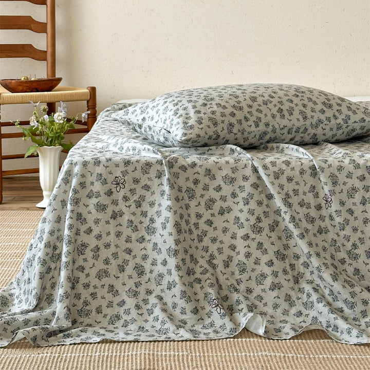Washed Linen-Blend Floral Bedspread and Pillowcase Set