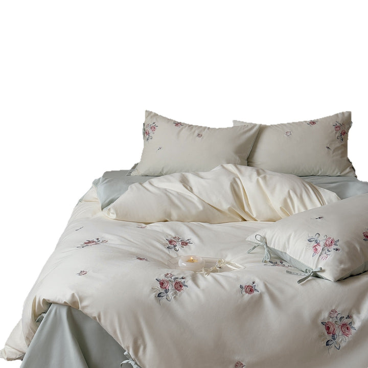 Embroidered Floral Duvet Cover Set with Tied Pillowcases