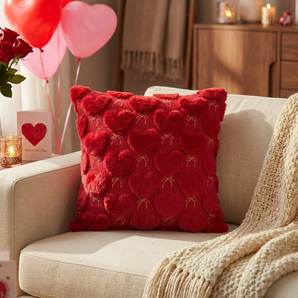 Valentine's Plush Heart Embossed Decorative Throw Pillow Cover
