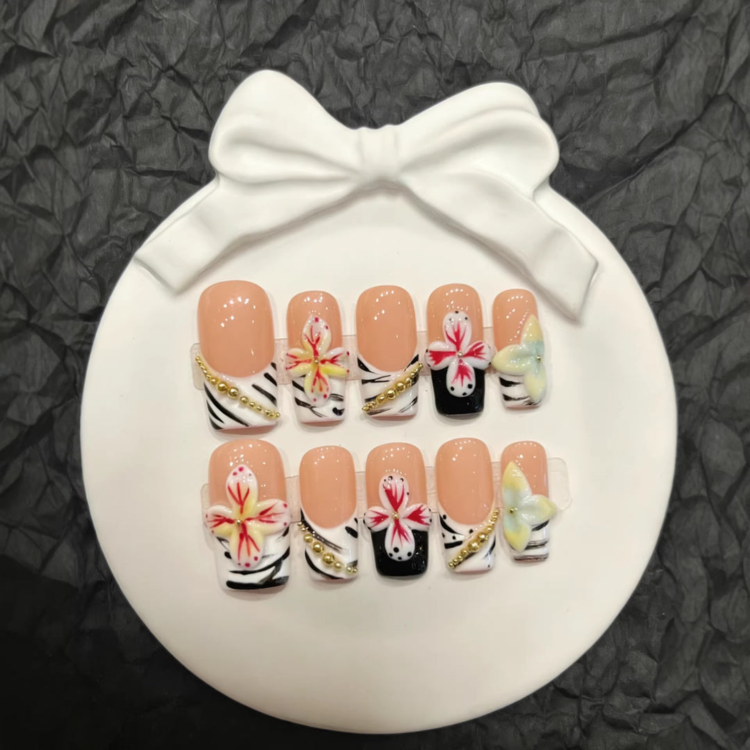 Artistic Press-On Nail Set with Floral and Zebra Pattern
