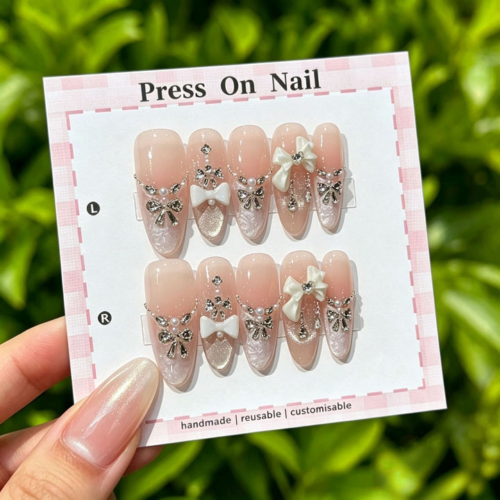 Elegantly Crafted Decorative Press-On Nail Art Set with Gem Accents