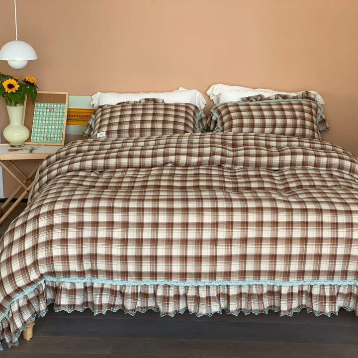 Luxury Ruffled Plaid Cotton Duvet Cover Set with Lace Trim