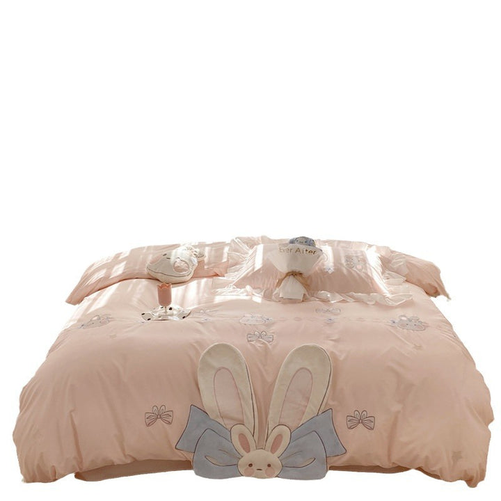 Playful cotton satin bedding set with 3D rabbit appliqué, frill pillow and fine embroidery