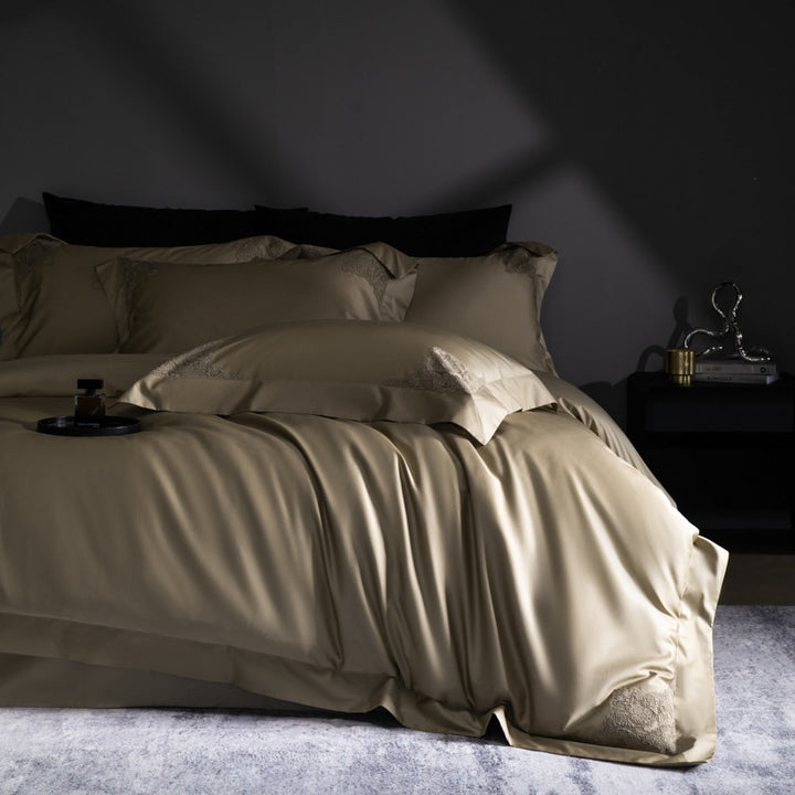 Luxurious cotton satin bedding set with fine lace embroidery