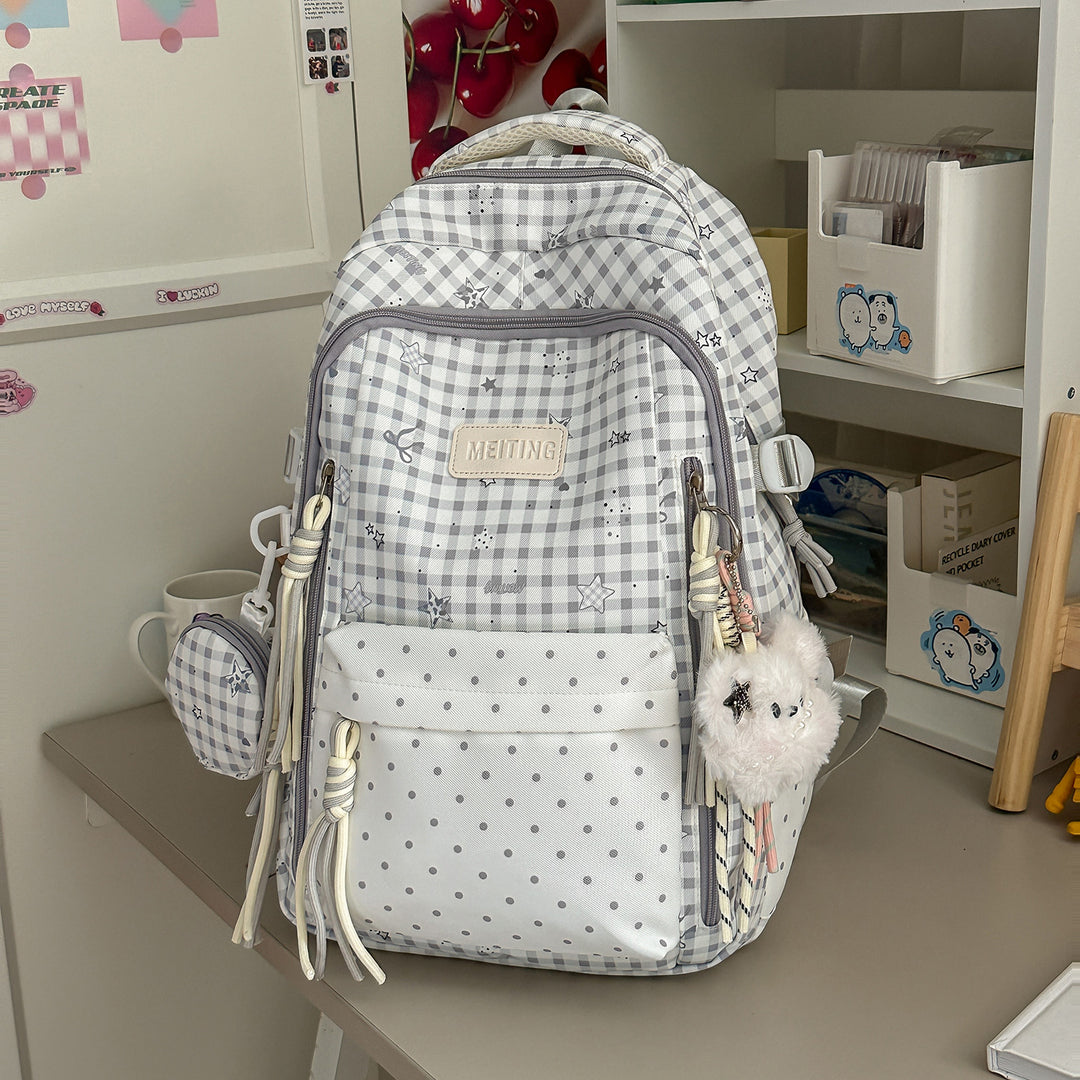 Decorative Plaid and Star Patterned Backpack Bowlift