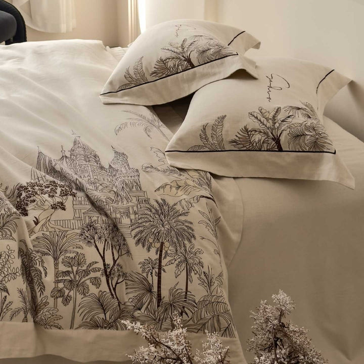 Printed Cotton Duvet Cover Set with Botanical Toile Illustration