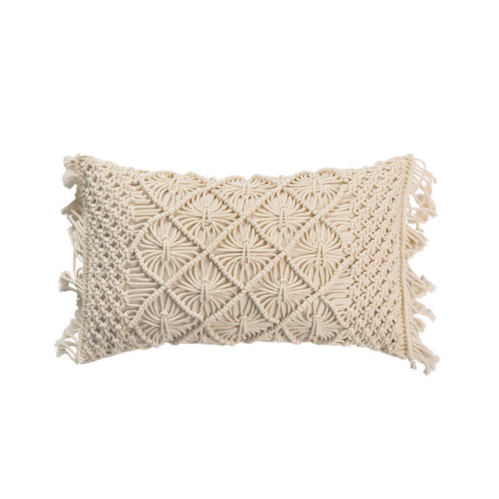 Rectangular cushion cover in macramé style with tufted floral appliqués and fringes