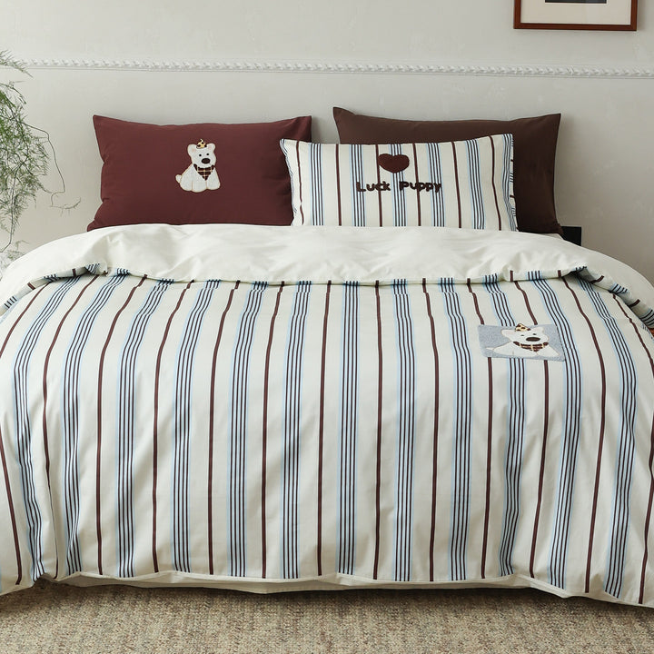 Embroidered Dog Appliqué Cotton Duvet Cover Set with Reversible Striped Panel & Pillowcases