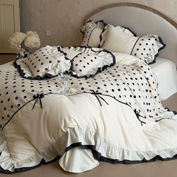 Polka Dot Ruffled Cotton Duvet Cover Set with Decorative Bows