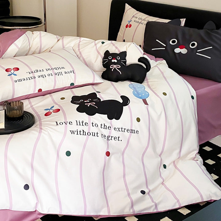 Cotton satin bedding set with playful cat print, reversible function & decorative pillow