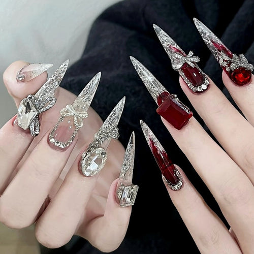 Gemstone-Embellished Stiletto Nail Extensions