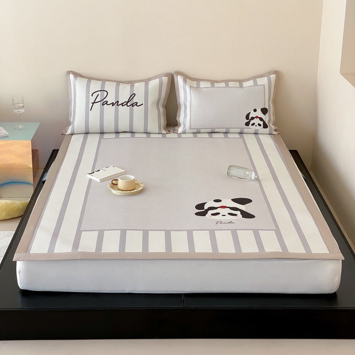 Fitted sheet with non-slip edging, cute panda print & striped border