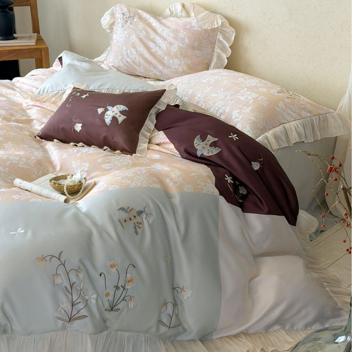 Satin-Blend Botanical Embroidered Duvet Cover Set with Ruffled Hem and Contrast Panel