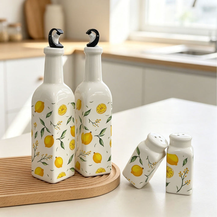 Hand-Painted Lemon Ceramic Oil Dispenser Bottle with Anti-Drip Pourer Bowlift
