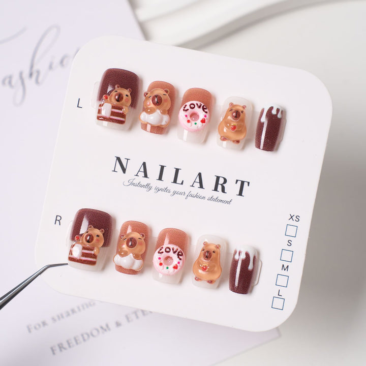Cute Character-Themed Press-On Nail Set with 3D Bear Designs Bowlift