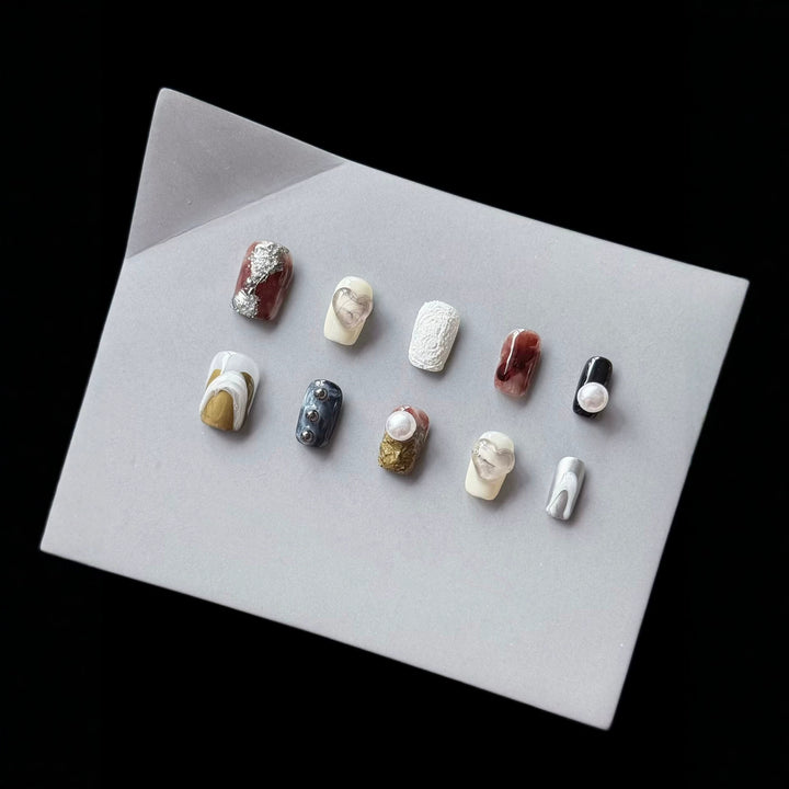Artistic Press-On Nail Set with Unique Abstract Designs  1791774457